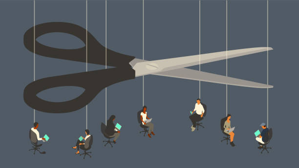 Lay-offs depicted by scissors cutting the threads of employment and people at the other end of the thread working.